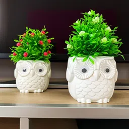 asharya Indoor faux flower plant with cute owl shape pot for home décor, tabletop small Bonsai Wild Artificial Plant with Pot image 2