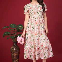 qena Women Fit and Flare Multicolor, White Midi/Calf Length Dress image 4