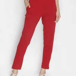 Women Regular Fit Red Cotton Blend Trousers-image-76