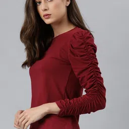 roadster Casual Puff Sleeves Solid Women Maroon Top-picture-27