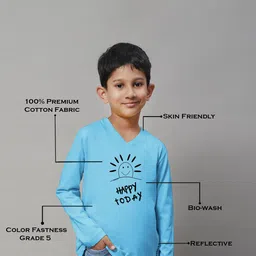 Friskers Boys Turquoise Blue Typography Printed V-Neck Applique T-shirt image 3