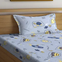 arrabi Grey Cartoon Printed 300 TC Cotton Blend Single Bedsheet with 1 Pillow Cover image 2