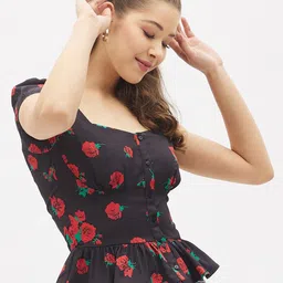 harpa Casual Puff Sleeves Printed Women Black Top image 3