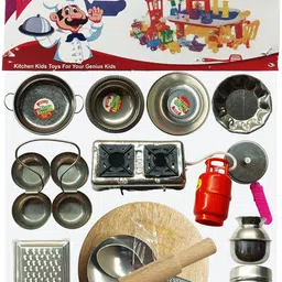 dzling Kitchen Set for Kids Plastic Utensils Wooden Chakla Belan Master Chef image 1
