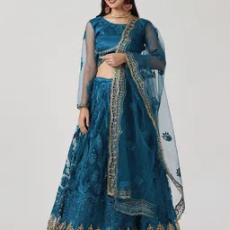 Warthy Ent Turquoise Blue & Gold-Toned Embroidered Thread Work Semi-Stitched Lehenga & Unstitched Blouse image 5