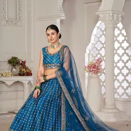 Warthy Ent Turquoise Blue & Gold Semi-Stitched Lehenga &Unstitched Blouse & Dupatta image 2