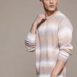 roadster Men Striped Round Neck Brown Sweater image 4