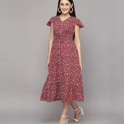 aayu Women Fit and Flare Maroon, White Midi/Calf Length Dress-picture-26