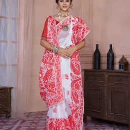 durga textile Woven, Printed, Self Design, Embellished, Floral Print, Blocked Printed Jamdani Cotton Blend, Jacquard Saree-picture-27