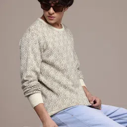roadster Men Self Design Round Neck Beige Sweater-picture-39