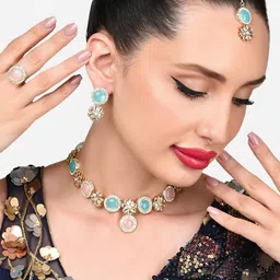 Zaveri Pearls Gold-Plated Kundan-Studded Necklace With Maangtika & Ring image 4