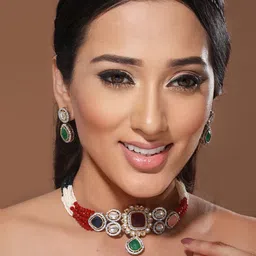 Saraf RS Jewellery Rhodium-Plated CZ-Studded & Beaded  Necklace & Earrings Set-picture-37