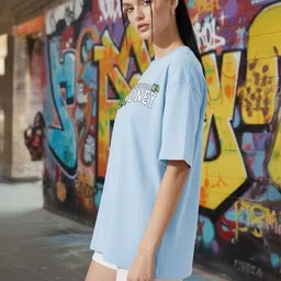 manlino Women Graphic Print Round Neck Cotton Blend Light Blue T-Shirt image 2