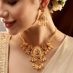 Rubans Gold-Plated Crystal Studded & Pearl Beaded Jewellery Set-image-99