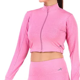 vector x Women Solid Zip Neck Polyester Pink T-Shirt image 1