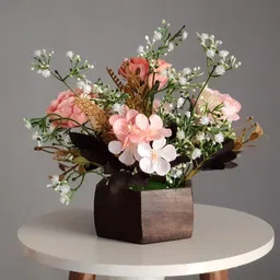 litleo wooden pot mix design flower for home office gift Pink Rose Artificial Flowerwith Pot-picture-15