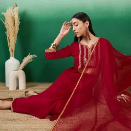 Sangria Red Floral Embroidered Straight Kurta With Palazzo & Dupatta-picture-37