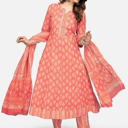 Vbuyz Women Peach-Coloured & White Ethnic Motif Print Cotton A-Line Kurta Trousers Dupatta image 5