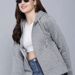 FLAMBOYANT Women Grey Melange Fleece Lightweight Crop Outdoor Tailored Jacket image 2