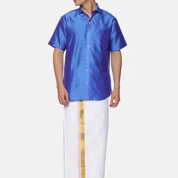 Sethukrishna Men Blue & White Shirt with Dhoti & Angavastram Set image 2