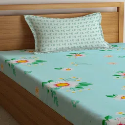klotthe Multicolor Floral 300 TC Cotton Fitted Single Bedsheet with 1 Pillow Cover image 3