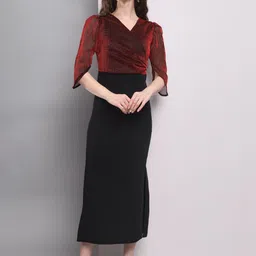 yovina Women Bodycon Maroon, Black Below Knee Dress-picture-31
