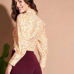 Marie Claire Yellow Floral Printed Cuffed Sleeves Regular Crop Top image 5