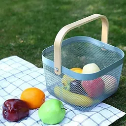 The Better Home Metal Mesh Storage Basket with Wooden Handle | Ideal for Storage, Shopping, Picnics and More (Blue) image 2