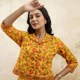 mokshi Floral Printed Shirt Collar Pure Cotton Top With Trousers image 4