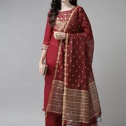 Indo Era Maroon & Gold-Toned Ethnic Motifs Yoke Design Kurta with Palazzos & Dupatta image 5