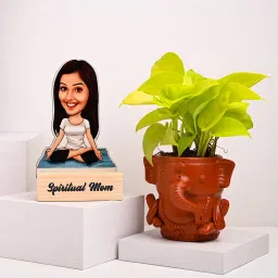 Spritual Mom Caricature With Money Plant In Ganesha Pot-image-22