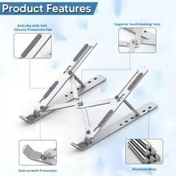 NHOUSE Laptop Stand Superior Quality Foldable Anodized Aluminium Height Adjustable Aluminium Floor and Desk Stand Laptop Stand with Adjustable Height Compatible with 26 - 35 cm Laptops image 3