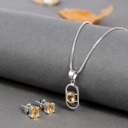 Femme Jam White Gold 925 Sterling Silver Natural Citrine Gemstones Pendant, Earring & Chain for Women Citrine Earring & Necklace Set-picture-20