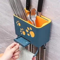 wolpin Cutlery Kitchen Rack Kitchen Shelf Wall Mount Knife Holder With Mobile Holder, Hanging Hooks Plastic image 4