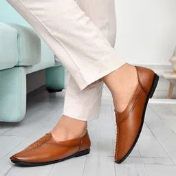 rokson Tan Stylish Slip-On Nagra Shoe for Men" Loafers For Men image 2