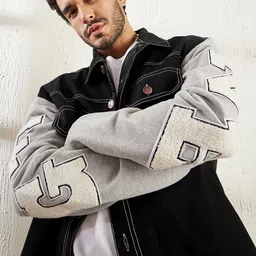 FUGAZEE Black & Grey Letterman Contrast Stitch Cotton Denim Jacket-picture-11