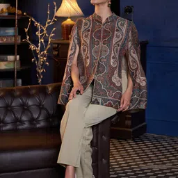 Zamour Abstract Printed Longline Jacquard Cape Jacket with Embroidered image 5
