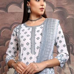 Vishudh White Floral Printed Pure Cotton Straight Kurta With Trousers & Dupatta-picture-36