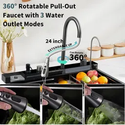 agoen Modern Digital Waterfall Sink Faucet | 304 SS 30x18x9" Single Bowl Integrated Waterfall & Pull-Down Faucet with Fruit Baskets Included Vessel Sink image 4