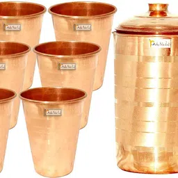 prisha india craft Pure Copper Jug Pitcher with Lid Luxury Design Capacity 1300 ML with 6 Pure Copper Glass Tumbler Capacity 350 ML Drinkware Set Jug Glass Set-picture-25