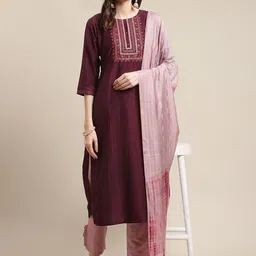 Varanga Women Burgundy & Rose Yoke Design Thread Work Kurta with Trousers & Dupatta image 4