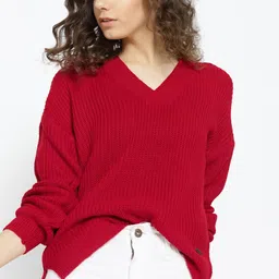 roadster Women Solid V Neck Red Sweater-picture-21