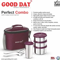 good day Perfect Combo Stainless Steel Tiffin Set with Bag for Office Maroon colour 3 Containers Lunch Box image 4