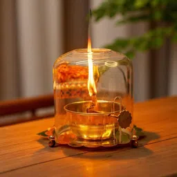 decorvia Golden Brass Oil Diya with Glass Cover for Puja, Festival & Home Décor Decorative Showpiece - 10.2 cm image 5