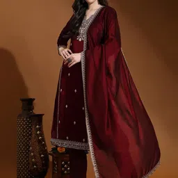 Trendmalls Embroidered Sequinned Pure Cotton Straight Kurta With Trousers & Dupatta image 1