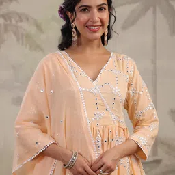 SCAKHI V Neck Embroidered Angrakha Mirror Work Pure Cotton Anarkali Kurta Set image 3