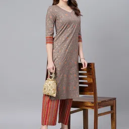 Idalia Women Grey Ethnic Motifs Printed Pure Cotton Kurta with Palazzos image 5