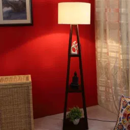 Dark White Cotton Shade Shelf Floor Lamp With MDF Base-image-70