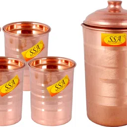 shivshakti arts Pure Copper Jug / Pitcher with 4 Glasses - Drinkware Set - Silver Touch Design - (Capacity = 1.1 - Liter) - 5 Pieces Set Jug Glass Set-picture-14