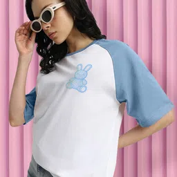 juneberry Oversized Women Printed Round Neck Pure Cotton White, Blue T-Shirt-picture-17